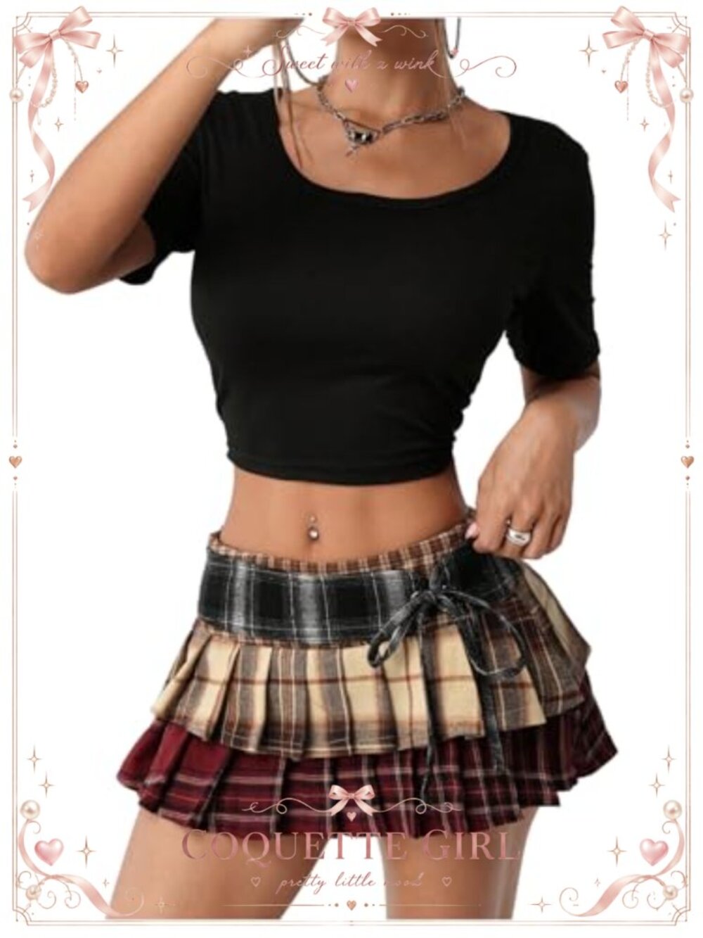 Plaid Ruffle Hem Low Rise Tiered Mini Skirt Polyester Blend